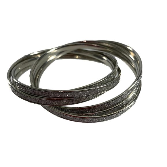Set of 6 Intertwined Silver Tone Sparkle Bangles Bracelets Glitter - Picture 1 of 5